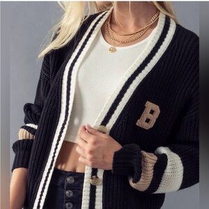 Love Tree Navy Letter B Embroidered Cardigan Sweater, Stripe Sleeves size Medium